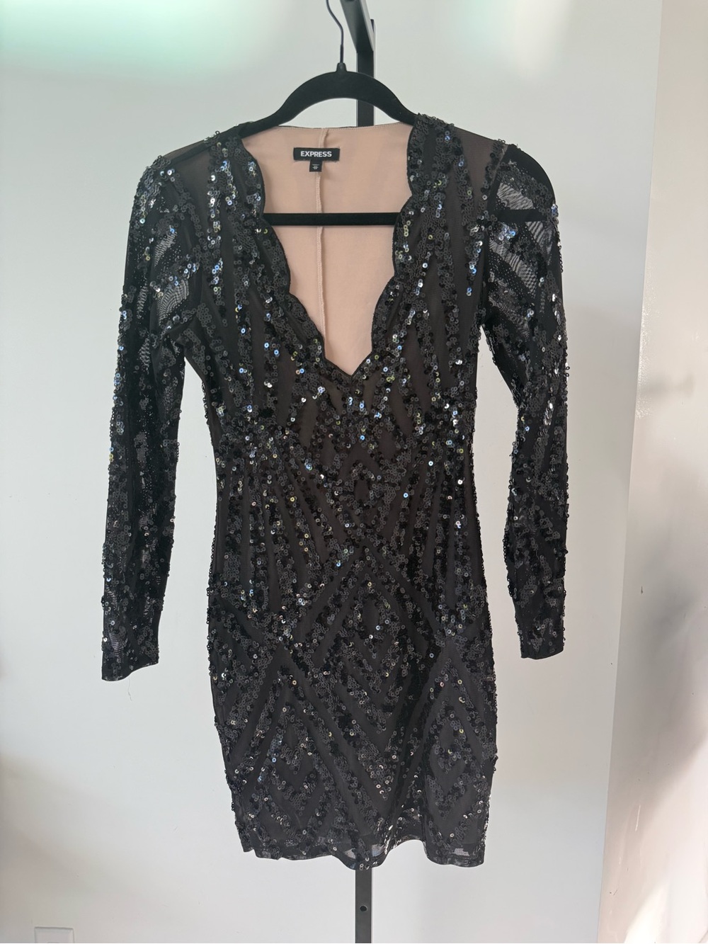 Express Black Sequin Mini Dress with Scalloped V-Neck
